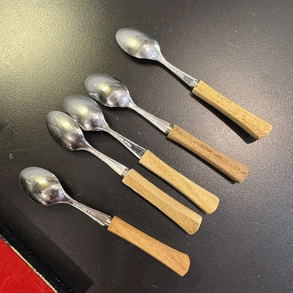Vintage Set of 5 MCM Cocktail Spoons‎  Wood Handle Stainless Steel Japan Knobler